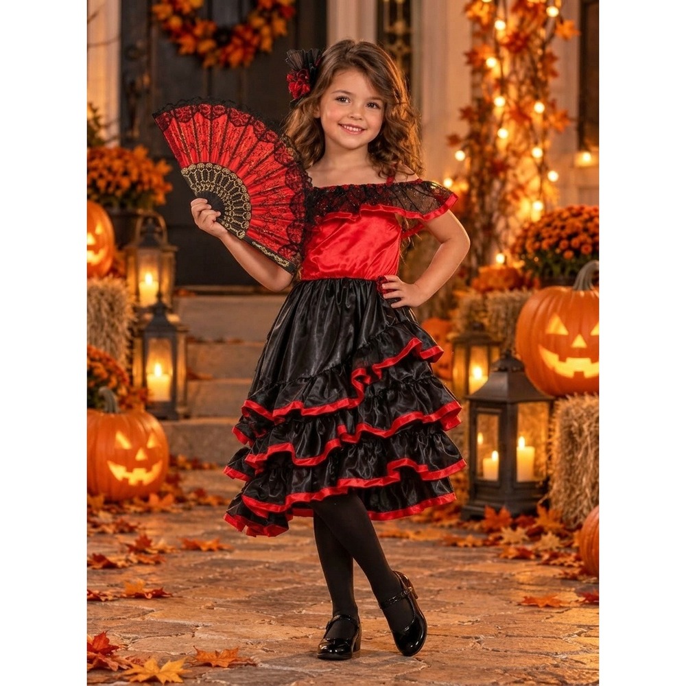 Spanish Dancer Flamenco Costume Girls Small 4-6 Red Black Dress 2pc Set